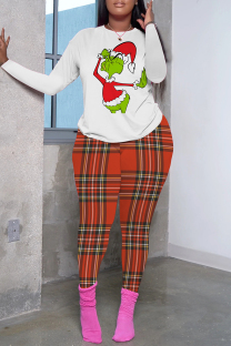 White Green Casual Print Basic O Neck Long Sleeve Two Pieces