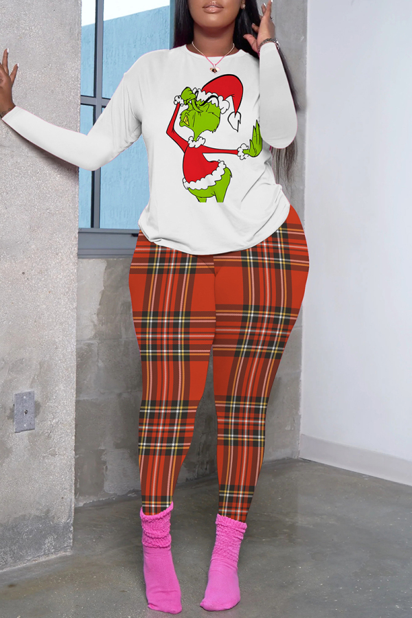 White Green Casual Print Basic O Neck Long Sleeve Two Pieces