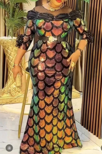 Black Elegant Geometric Print Sequins Patchwork O Neck Long Plus Size Dresses