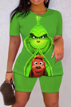 Fluorescent Green Casual Cartoon Print Basic O Neck Short Sleeve Two Pieces