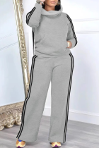 Grey Casual Sportswear Daily Stripe Patchwork Turtleneck Long Sleeve Two Pieces