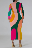 Pink Orange Elegant Geometric Print Contrast O Neck Printed Dresses