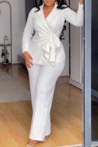 White Casual Solid Color Lace Up Turndown Collar Long Sleeve Two Pieces