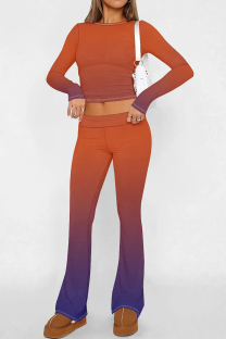 Orange Casual Street Gradient Print Contrast O Neck Long Sleeve Two Pieces