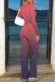 Burgundy Casual Street Gradient Print Contrast O Neck Long Sleeve Two Pieces