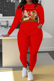 Red Green Casual Print Basic O Neck Long Sleeve Two Pieces
