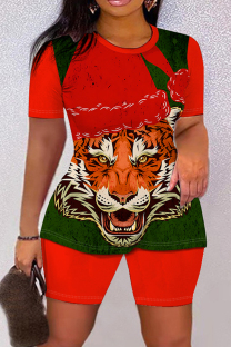 Red Green Casual Print Patchwork O Neck Short Sleeve Two Pieces