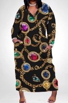 Black Gold Casual Print Pocket Patchwork V Neck Straight Plus Size Dresses