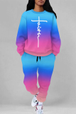 Red Purple Casual Street Letter Print Gradient Draw String Pocket Contrast O Neck Long Sleeve Two Pieces