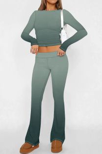 Green Casual Street Gradient Print Contrast O Neck Long Sleeve Two Pieces
