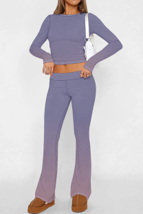 Purple Casual Street Gradient Print Contrast O Neck Long Sleeve Two Pieces