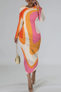Pink Orange Elegant Geometric Print Contrast O Neck Printed Dresses