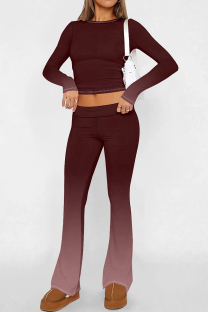 Burgundy Casual Street Gradient Print Contrast O Neck Long Sleeve Two Pieces