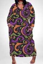 Purple Orange Casual Print Pocket Patchwork V Neck Straight Plus Size Dresses