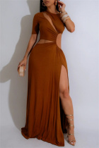 Brown Sexy Casual Solid Color Hollow Out Slit O Neck Long Dresses