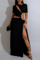 Black Sexy Casual Solid Color Hollow Out Slit O Neck Long Dresses