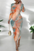 Cyan Casual Print Patchwork O Neck Long Dresses