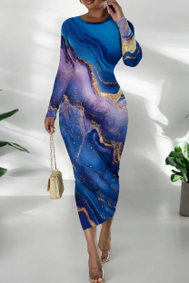 Blue Purple Casual Print Patchwork O Neck Long Dresses
