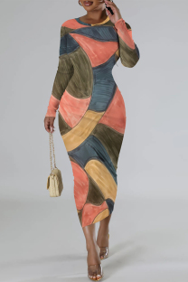Colour Elegant Geometric Print Contrast O Neck Printed Dresses