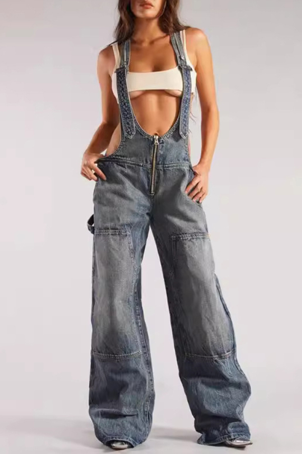 Blue Casual Faux Denim Print Hollow Out Patchwork Zipper Loose Jumpsuits