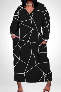 Black And White Casual Print Pocket Patchwork V Neck Straight Plus Size Dresses