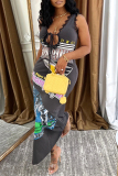 Dark Gray Casual Print Patchwork Strap Design Deep V Neck Long Dresses