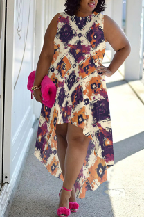 White Purple Casual Print Patchwork O Neck Irregular Plus Size Dresses