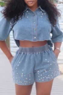 Light Blue Casual Rhinestone Patchwork Turndown Collar Half Sleeve High Waist Regular Denim Tops