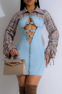Blue Sexy Hot Patchwork Hollow Out Zipper Turndown Collar Long Sleeve Skinny Denim Dresses