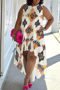 White Orange Casual Print Patchwork O Neck Irregular Plus Size Dresses