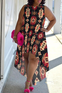 Black Red Casual Print Patchwork O Neck Irregular Plus Size Dresses