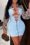 Blue Sexy Hot Patchwork Hollow Out Zipper Turndown Collar Long Sleeve Skinny Denim Dresses