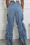 Blue Casual Solid Color Draw String Pocket Patchwork Mid Waist Loose Denim Jeans