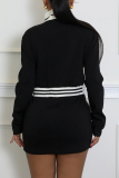 Black Casual Pocket Patchwork Zipper Contrast Zipper Collar Wrapped Skirt Dresses