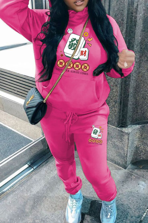 Rose Red Casual Print Pocket Patchwork Hooded Long Sleeve Two Pieces
