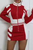 Black Casual Pocket Patchwork Zipper Contrast Zipper Collar Wrapped Skirt Dresses