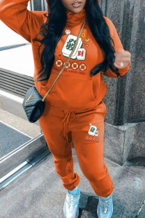Orange Casual Print Pocket Patchwork Hooded Long Sleeve Two Pieces