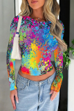 White Casual Street Splashed ink printing Contrast O Neck Tops