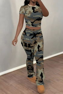 Camouflage Casual Street Camouflage Print Polka Dot Contrast O Neck Short Sleeve Two Pieces
