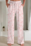 Dark Brown Casual Print Draw String Pocket Patchwork Loose Mid Waist Straight Full Print Bottoms