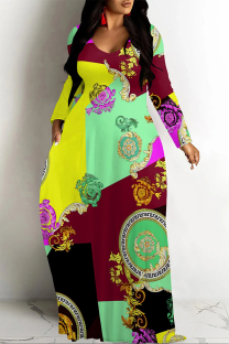 Burgundy Casual Street Chain print Leopard Pocket Contrast V Neck Printed Dresses