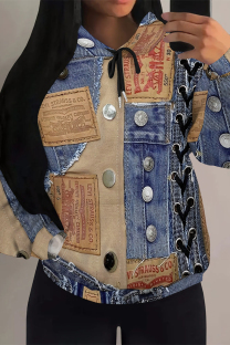 Multicolor Casual Street Faux Denim Print Draw String Pocket Hooded Tops