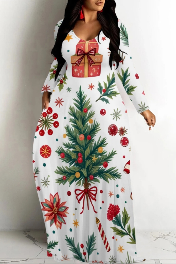 White Casual Print Basic V Neck Long Dresses