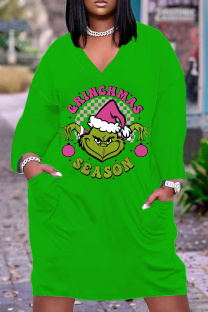 Green Casual Cartoon Print Pocket Basic V Neck Long Sleeve Plus Size Dresses