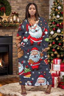 Dark Gray Casual Santa Claus Cartoon Print Pocket V Neck Long Plus Size Dresses