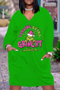Green Pink Casual Cartoon Print Pocket Basic V Neck Long Sleeve Plus Size Dresses