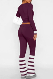 Red-brown Casual Street Letter Print Stripe O Neck Long Sleeve Two Pieces