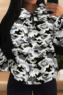 Grey Casual Camouflage Print Draw String Pocket Patchwork Hooded Tops