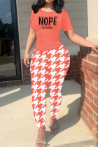 Tangerine Red Casual Street Plaid Letter Print Contrast O Neck Short Sleeve Two Pieces