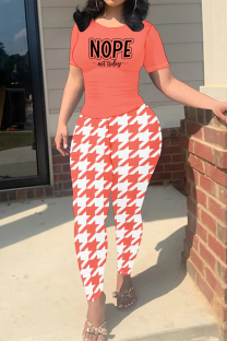 Tangerine Red Casual Street Plaid Letter Print Contrast O Neck Short Sleeve Two Pieces